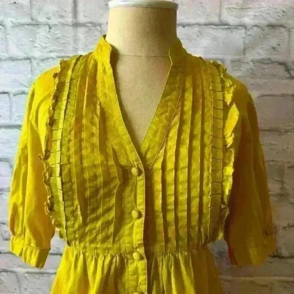 Elle Women’s Small Yellow Tunic Top with Pleat and Ruffle Detail 100% Cotton - Picture 3 of 13